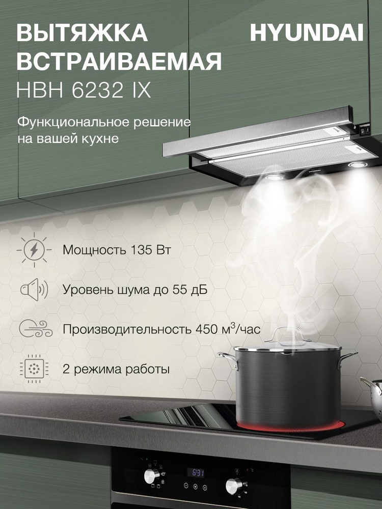 Вытяжка встраиваемая Hyundai HBH 6232 IX нержавеющая сталь/черный управление: кнопочное