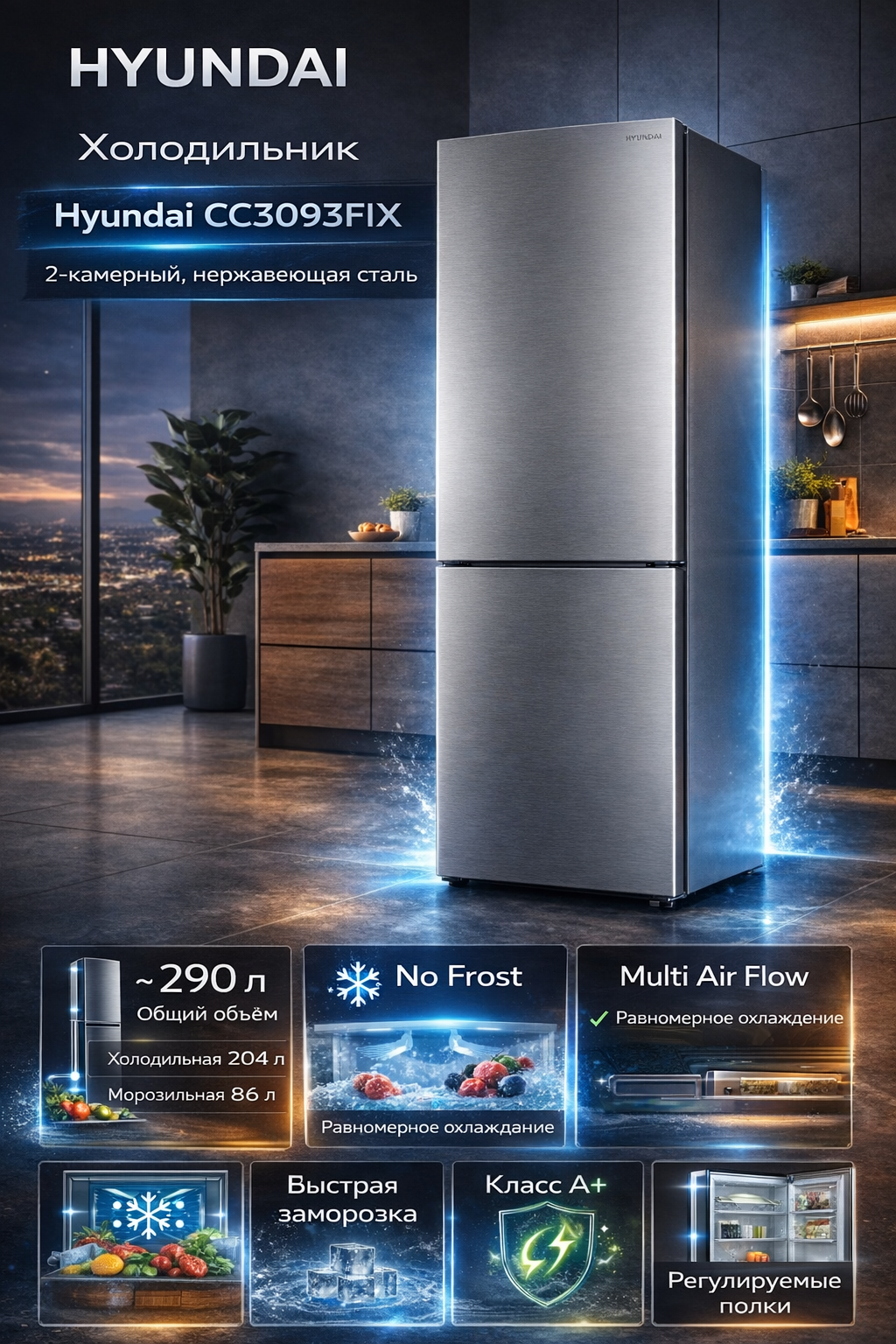 Холодильник Hyundai CC3093FIX 2-хкамерн. нерж.сталь