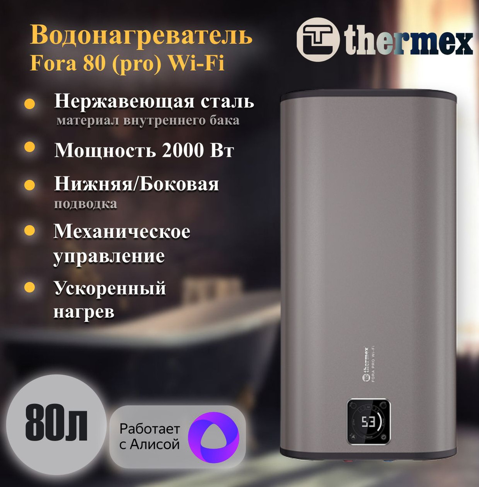 Водонагреватель Thermex Fora 80 2кВт 80л электрический настенный серый