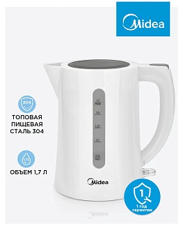 Чайник электрический Midea MK-8090, 1.7 л, 2200 Вт, неоновый индикатор включения, съемный фильтр, автоотключение, белый