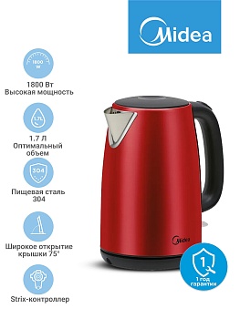 Чайник электрический Midea MK-8022, Красный, 1800 Вт, 1.7 л